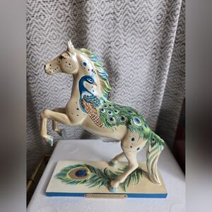 Artistic Cream Horse Sculpture with Peacock Motif